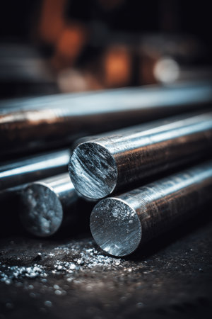 Close-up image of freshly cut steel pipes with smooth, shiny surfaces and visible metal filings. Captured in a workshop environment, showcasing cinematic sharp realism.の素材