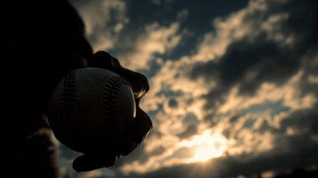A silhouetted hand holds a baseball against a dramatic sky with deep shadows and warm highlights, creating an emotional sports mood during sunset.の素材
