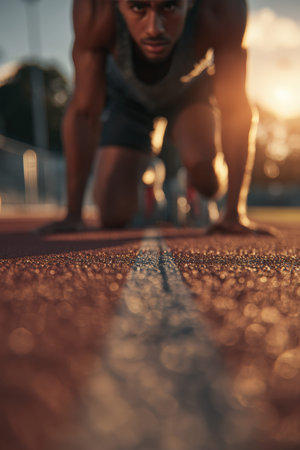 An athlete prepares to sprint, emphasizing foot placement and track texture. Captured in cinematic golden-hour lighting, the image highlights determination and focus.の素材