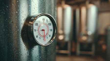 Close-up image of a thermometer in a mash tank, showcasing a tech-clean aesthetic with neutral tones. The photorealistic, high-fidelity image highlights precision in brewing.の素材