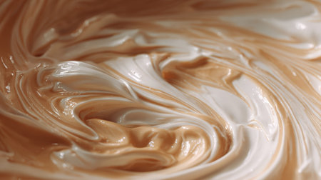 A photorealistic close-up of a thickening liquid with creamy highlights. The abstract swirls and shallow depth create a premium food process aesthetic.の素材