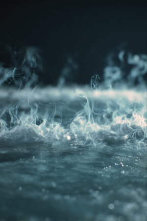 Photorealistic image of vapor gently rising from a chilled surface, captured in cinematic soft light. The scene conveys an abstract, atmospheric mood with high fidelity detail.の素材