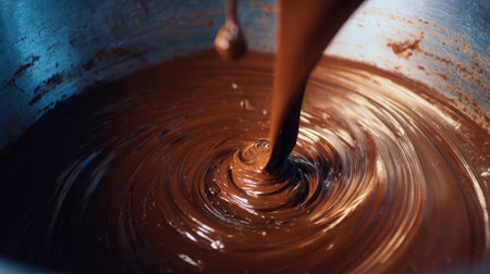 Photorealistic close-up of viscous chocolate flowing from a grinder, captured with dynamic motion and shallow depth of field. The rich texture and color highlight the chocolate's allure.の素材