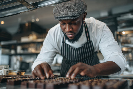 A chocolatier with a content expression inspects the final product in a clean, well-lit environment. The medium shot captures the relaxed posture and attention to detail.の素材