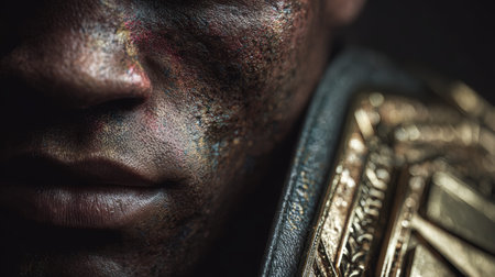 Close-up image of a champion's face beside a championship belt. The soft, dramatic lighting highlights detailed skin and metal textures, capturing a proud yet reflective expression.の素材