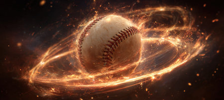 A baseball is surrounded by swirling rings of magical flame, with sparks floating around, creating an ethereal and fiery aesthetic in a narrow frame.の素材