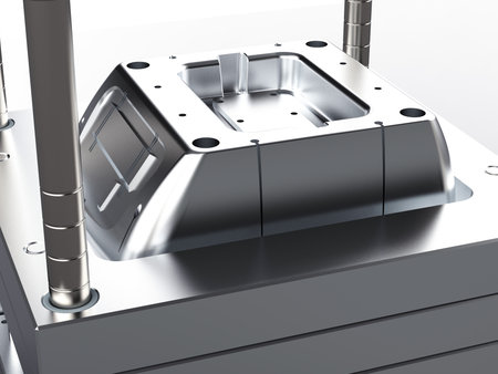 3D render of plastic moulding machine. Plastic injection moulding.Cups, boxes, toolboxes. The production process for Plastic injection mold. Used for the forming of plastic parts using polypropyleneの写真素材