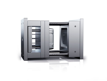 3D render of plastic moulding machine. Plastic injection moulding.Cups, boxes, toolboxes. The production process for Plastic injection mold. Used for the forming of plastic parts using polypropyleneの写真素材