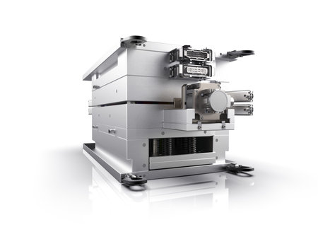 3D render of plastic moulding machine. Plastic injection moulding.Cups, boxes, toolboxes. The production process for Plastic injection mold. Used for the forming of plastic parts using polypropyleneの写真素材