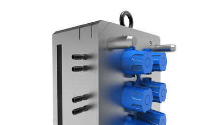 3D render of plastic moulding machine. Plastic injection moulding.Cups, boxes, toolboxes. The production process for Plastic injection mold. Used for the forming of plastic parts using polypropyleneの写真素材