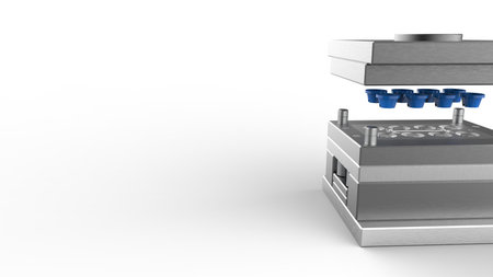 3D render of plastic moulding machine. Plastic injection moulding.Cups, boxes, toolboxes. The production process for Plastic injection mold. Used for the forming of plastic parts using polypropyleneの写真素材