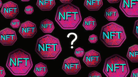 What are nft, what is an nft, question for investor, explanation, minimal neon text with question mark. pink background, research bar, web banner.の写真素材