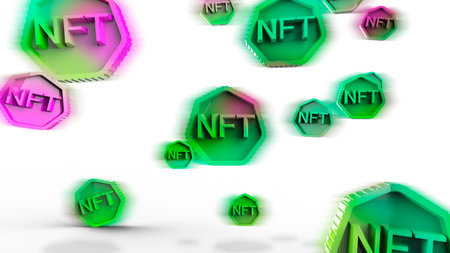 NFT non fungible token scrypto art on colorful abstract background. Pay for unique collectibles in games or art. 3d render NFT crypto art collectibles concept. Wallpaper cyberpunk style.の写真素材