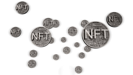 NFT non fungible token scrypto art on colorful abstract background. Pay for unique collectibles in games or art. 3d render NFT crypto art collectibles concept. Wallpaper cyberpunk style.の写真素材