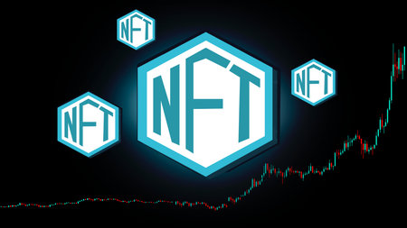 NFT non fungible token scrypto art on colorful abstract background. Pay for unique collectibles in games or art. 3d render NFT crypto art collectibles concept. Wallpaper cyberpunk style.の写真素材