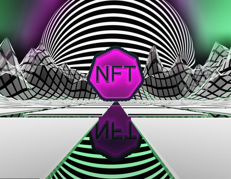 NFT non fungible token scrypto art on colorful abstract background. Pay for unique collectibles in games or art. 3d render NFT crypto art collectibles concept. Wallpaper cyberpunk style.の写真素材