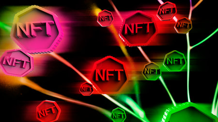NFT non fungible token scrypto art on colorful abstract background. Pay for unique collectibles in games or art. 3d render NFT crypto art collectibles concept. Wallpaper cyberpunk style.の写真素材