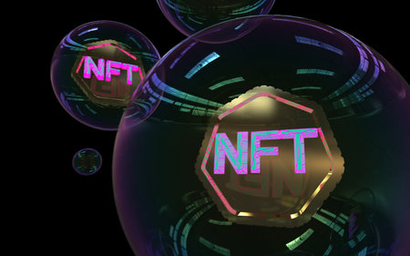 NFT in a bubble, non fungible tokens, crypto art on colorful abstract background. Pay for unique collectibles in games or art. 3D render crypto art collectibles concept. Wallpaper cyberpunk style.の写真素材