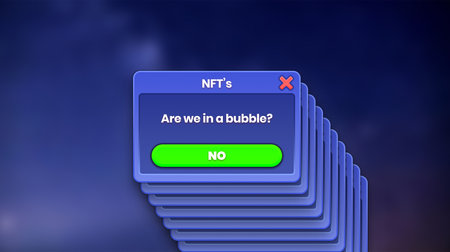NFT popup warning about a potential bubble on the NFT market. Blue popup with warning button. Gaming style interface interaction.の写真素材