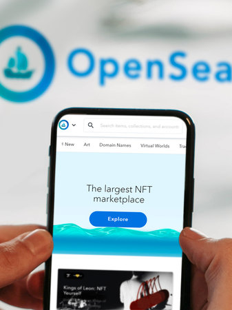 NY, March 11, 2021: Opensea is the largest NFT marketplace. Non fungible tokens are unique tokens or digital assets that are traded because of their uniquenessの写真素材