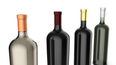 Wine Bottle Mock-Up - 3D rendering. blank Label. Realistic style on a white background. It can serve as a layout for the design and publicity of a product, red, cabernet, pinot noire. Label template.の写真素材