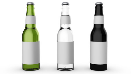 Beer Bottle Mock-Up - Three Bottles. 3D rendering. Three bottles 500ml mockup with blank label on white background. Front view. 3d illustration. Colored bottles for different types. Design template.の写真素材