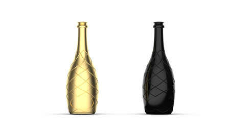 3D Black and gold wine bottle. Isolated on white background. The bottle used for champagne, chardonnai, prosecco, and white wine, place your design and use for presentations.の写真素材