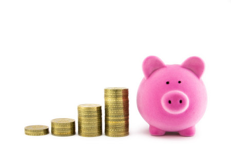 Pink piggy bank and coinsの写真素材