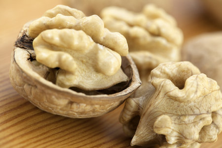 Walnuts on wooden surface