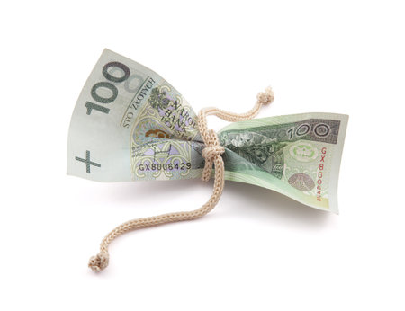 Polish money tied in twine with clipping pathの写真素材