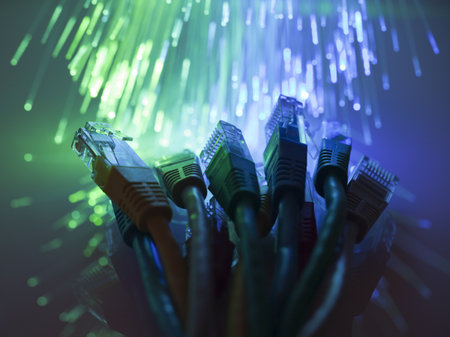 Network cables with fiber optical backgroundの写真素材