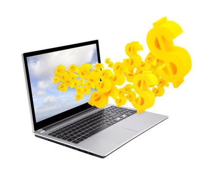 Laptop with dollar symbols isolated on whiteの写真素材