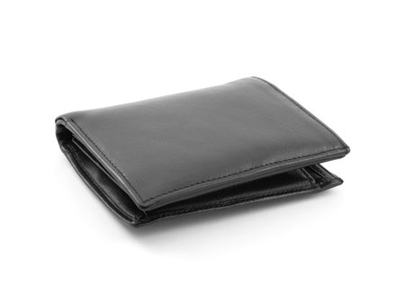 Black leather wallet on white backgroundの写真素材
