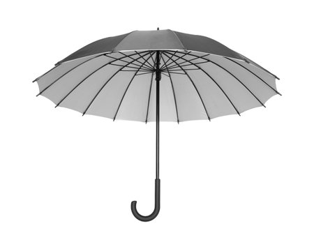 Open black umbrella isolated on whiteの写真素材