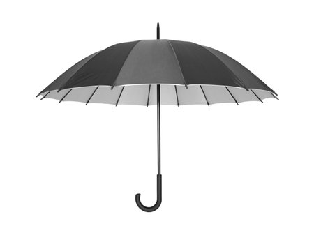 Open black umbrella isolated on whiteの写真素材