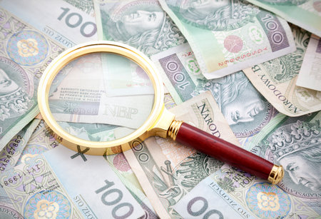 Polish money with golden magnifying glassの写真素材