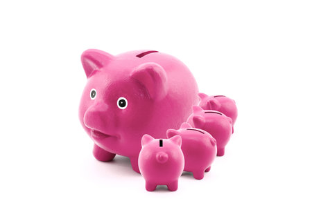 Pink piggy banks feeding from their motherの写真素材