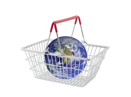 Supermarket basket containing globe isolated on white. Earth image provided by Nasa.の写真素材