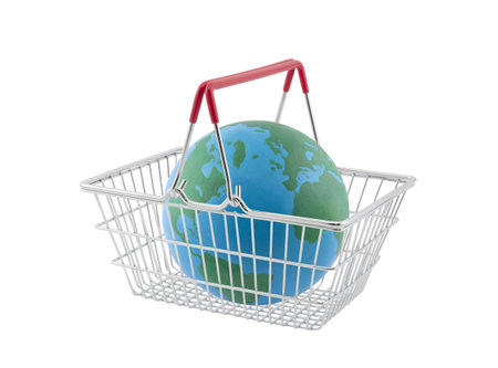 Shopping basket with globe isolated on white backgroundの写真素材