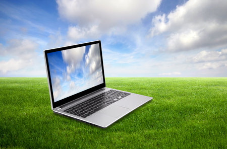 Laptop on green grassの写真素材