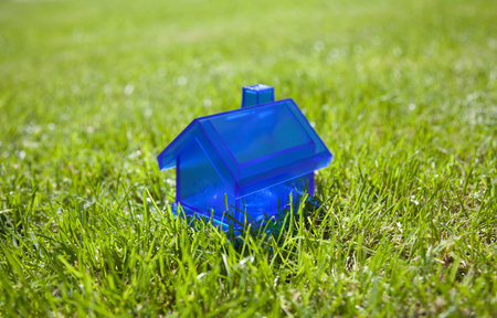 Little blue house on green grassの写真素材