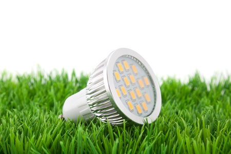Led light bulb on green grassの写真素材