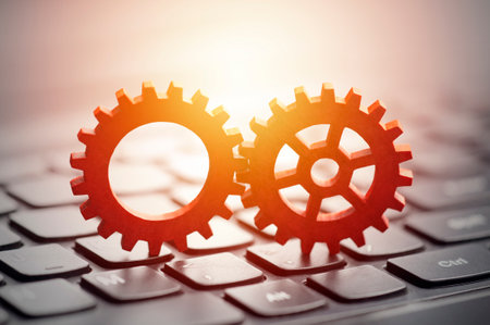 Gears on computer keyboardの写真素材