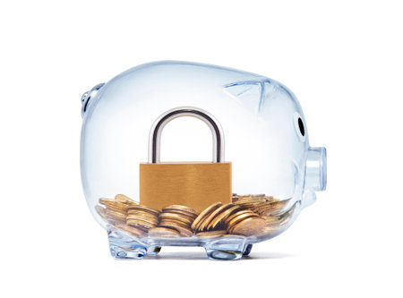 Padlock on money inside a transparent piggy bank with clipping pathの写真素材