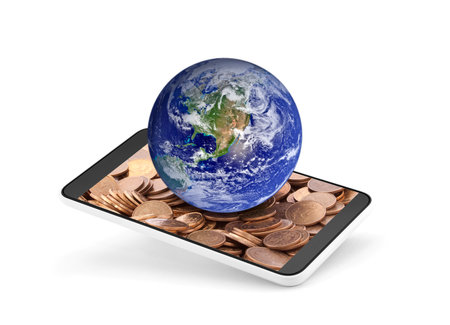 World globe on mobile phone with money on the screen.の写真素材