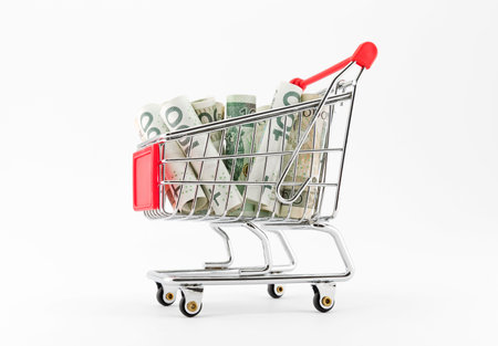 Shopping cart with polish money on white backgroundの写真素材