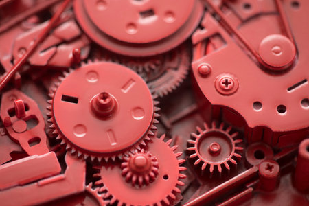 Red gears and cogs macro shot, industrial backgroundの写真素材