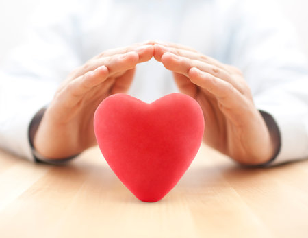 Red heart covered by hands. Health insurance or love conceptの写真素材
