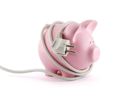 Energy Savings concept. Piggy bank with power plug. Clipping path included.の写真素材