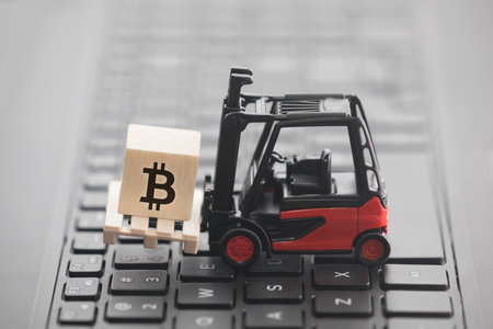 Forklift with bitcoin graphic on wooden block over laptop keyboardの写真素材